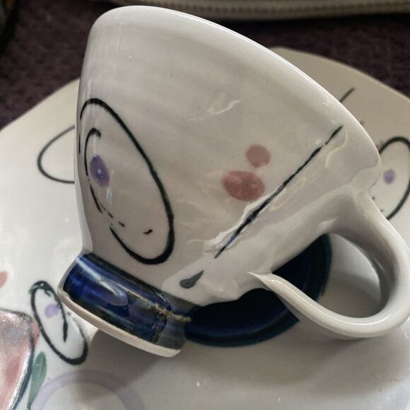 Handcrafted Artisan Cup Mug Saucer Studio Thrown Pottery‎ Drip Glaze Signed - Picture 12 of 13